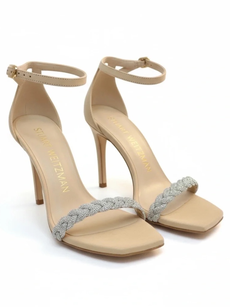 Nib Stuart Weitzman Nudistcurve Crystal Sandal Adobe Nude Heel 8.5